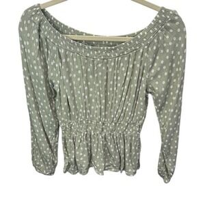 Sage Green Polka Dot Long Sleeve Top Smocked Peplum Blouse